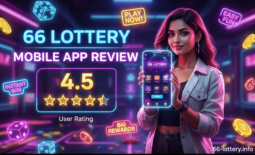 66 Lottery mobile app review banner showing a 4.5 star rating and play stickers to encourage downloads.