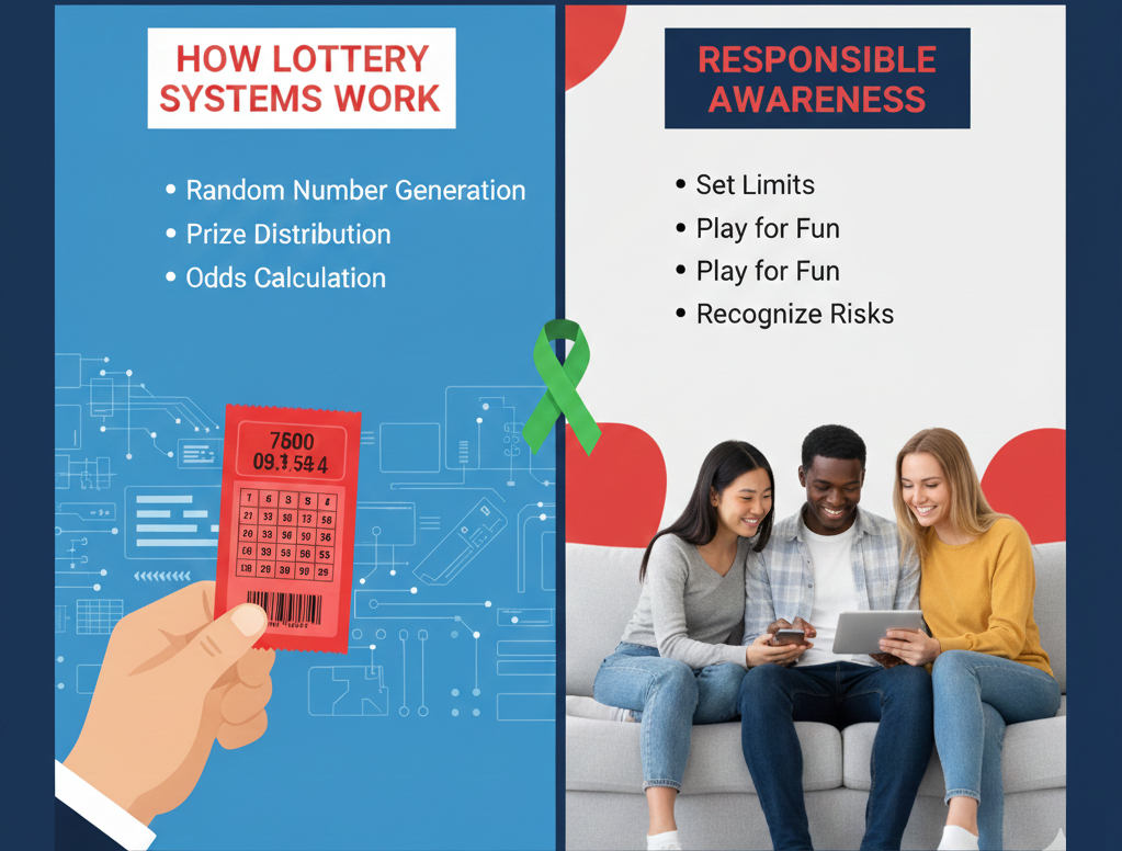 Infographic split in two. Left side shows lottery ticket and text 'How Lottery Systems Work' with points on random generation and odds. Right side features three people seated, smiling at a tablet, with text 'Responsible Awareness' and tips on setting limits and recognizing risks. Green awareness ribbon in center.