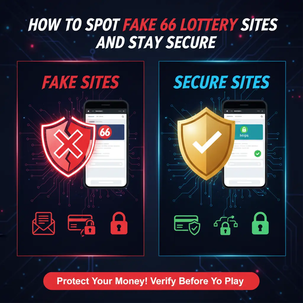Infographic on identifying fake lottery sites and tips for ensuring online safety while playing the lottery.