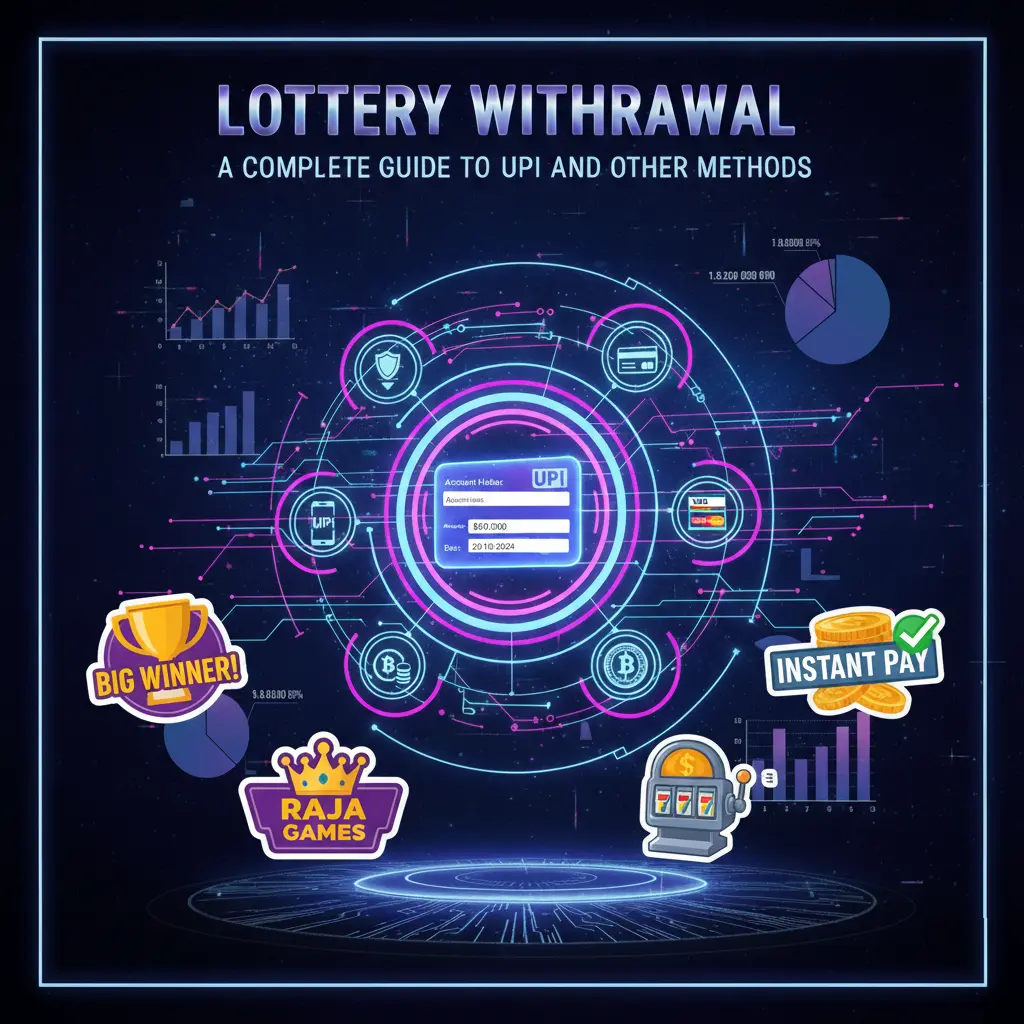 Futuristic image showing a glowing UPI interface with electronic icons, pie charts, and graphs. Text reads "Lottery Withdrawal" with a celebratory tone.