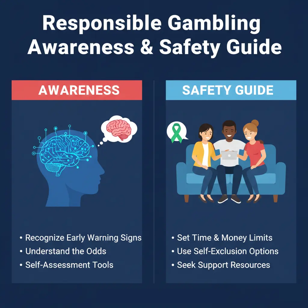 Responsible Gambling Awareness & Safety Guide Responsible Gambling Awareness infographic. Left: Brain illustration with points, labeled "Awareness" with tips on recognizing risks. Right: Three people on a couch, labeled "Safety Guide" with advice on setting limits and seeking support. Tone is informative.